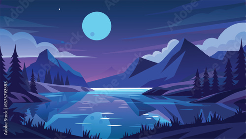 Beautiful winter mountain landscape at night with a moonlit sky and snowy peaks