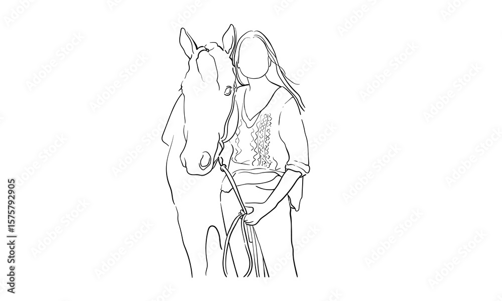 Woman with horse, continios line drawing. Horse riding. Equestrian sport outline. Vector illustration Woman with horse, continios line drawing. Horse riding. Equestrian sport outline. Vector illustration