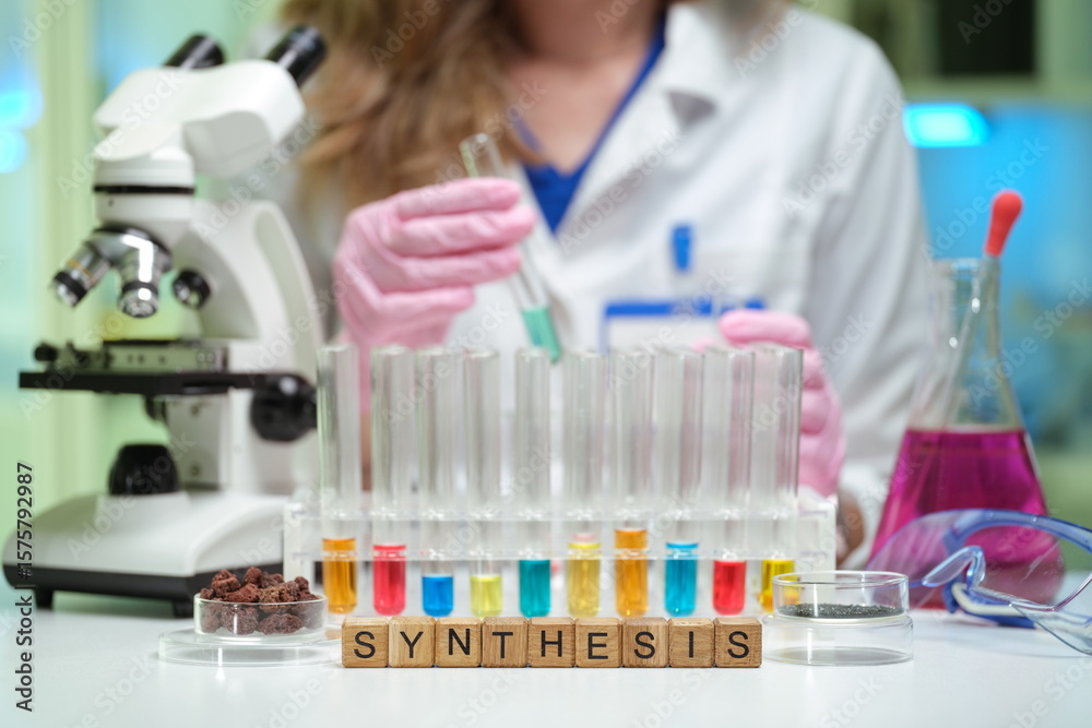 Fototapeta premium A scientist synthesizes innovative compounds in colorful test tubes within a modern lab designed for precision