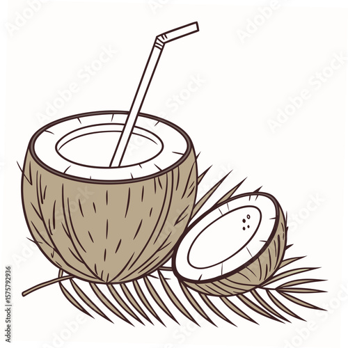 Coconut drink with straw and palm leaf tropical