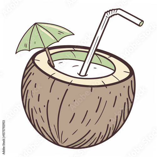 Coconut drink with straw and umbrella tropical