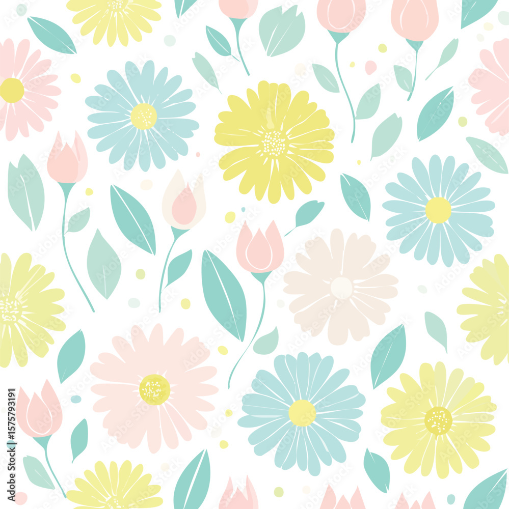 Obraz premium Simple repeating pattern of daisy and tulip flowers in pastel yellow, pink, and mint with abstract leaves