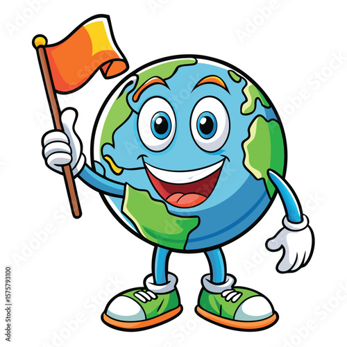 Cartoon Earth globe character holding a flag