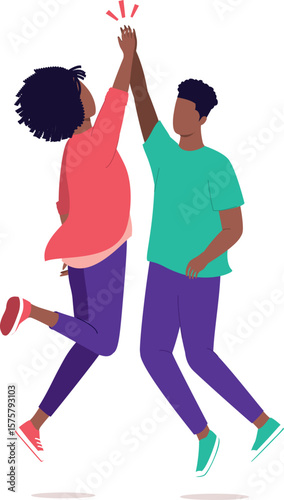 Young Black Man And Woman Jumping And Giving A High Five By Slapping Each Other’s Palms In Arms Raised.