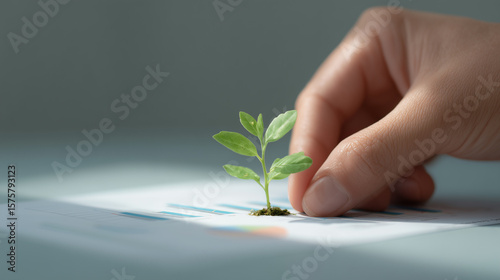 tender green sprout emerges from a financial graph, with a hand gently touching it, symbolizing the nurturing of growth, investment in sustainability, and the promising future of eco-friendly ventures