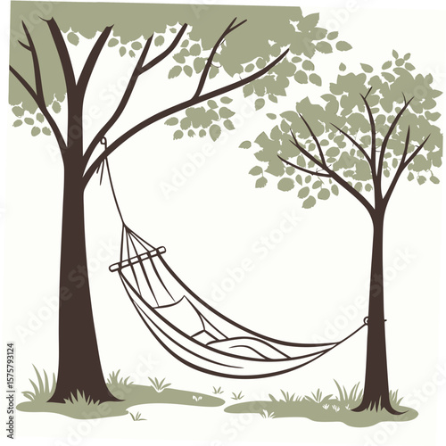 Hammock suspended between trees with foliage and grass nature relaxation