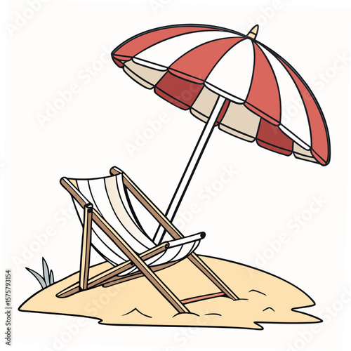 Red and white striped beach umbrella and lounge chair on sand vector