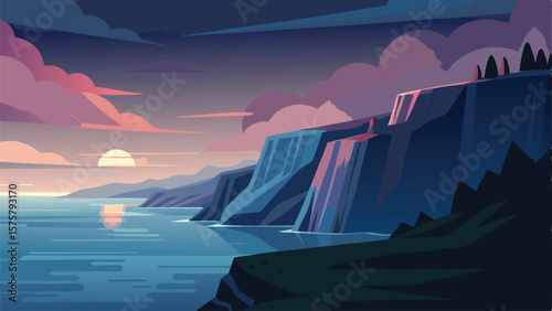 A serene sunset paints the sky with pink and purple hues over dramatic coastal cliffs and a calm ocean