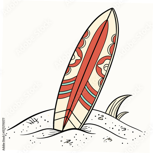 Retro Surfboard on Sand with Beach Grass ocean water