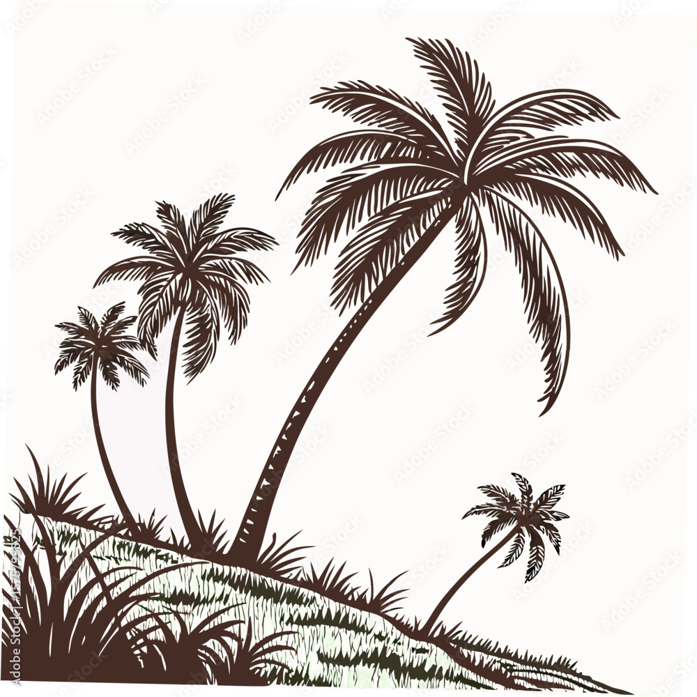 Obraz premium Tropical palm trees on grassy hill beach island