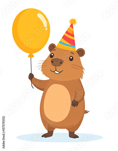 A cheerful groundhog celebrates with a yellow balloon and party hat. Cute capybara clipart isolated on transparent background.