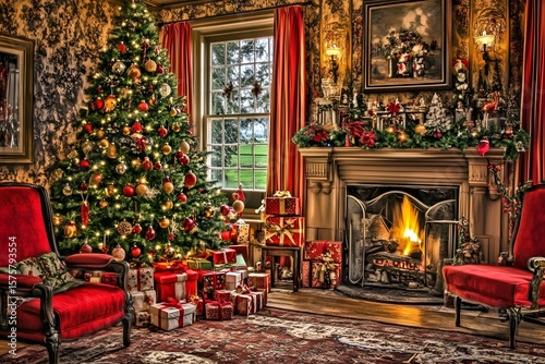 Cozy Christmas Living Room Scene with Decorated Tree and Fireplace Filled with Presents