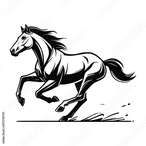 Dynamic black and white illustration of a horse galloping with a flowing mane