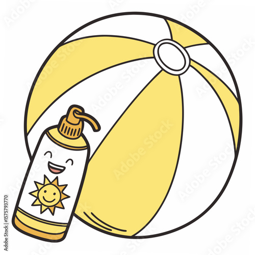 Yellow beach ball and smiling sunblock bottle sunscreen summer