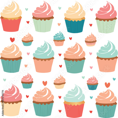 Stylized cupcakes in flat pastel tones arranged in playful, asymmetric pattern on a light