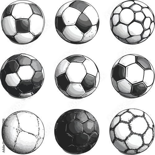 Collection of Hand Drawn Soccer Balls in Black and White Style