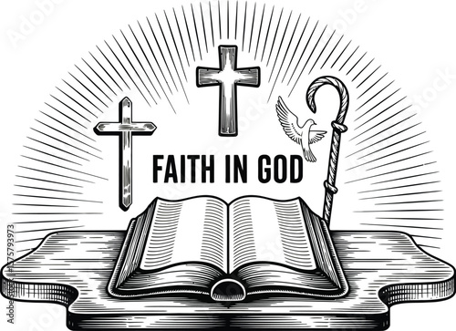 Illustration of open book with crosses dove and shepherd's crook radiating faith in god message