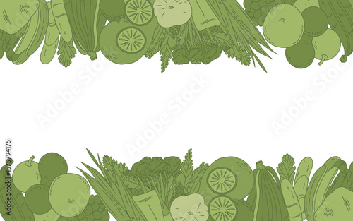 Green vegetable border with cucumbers zucchini limes and various leafy greens on white background design