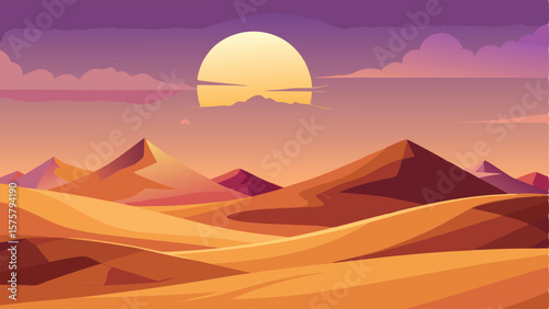 A striking desert landscape at sunset, featuring rolling sand dunes and distant mountains under a vibrant purple and orange sky with a large, glowing sun