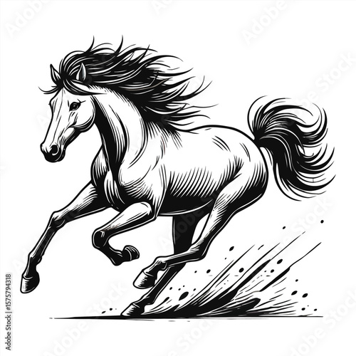 Dynamic black and white illustration of a powerful horse galloping with a flowing mane