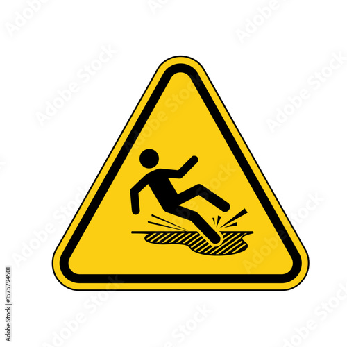 Caution sign indicating a slippery surface with falling figure on a transparent background