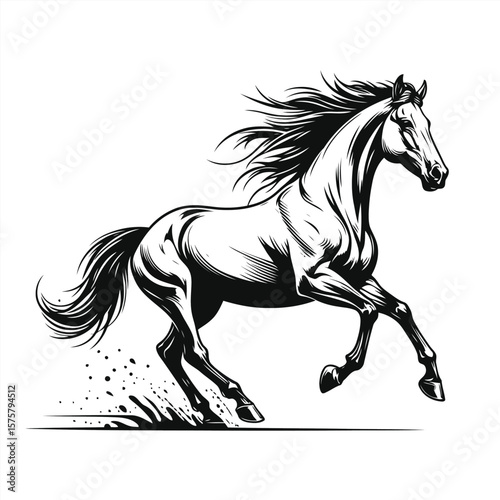 Dynamic black and white illustration of a powerful horse in full gallop