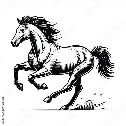 Dynamic black and white illustration of a powerful horse galloping with flowing mane and tail