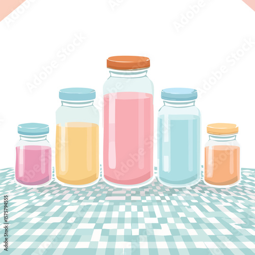 Cartoon candy jars and bottles in soft colors arranged over a pastel checkerboard pattern