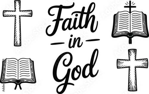 Faith in gold text with crosses and open books in black and white religious themed illustration