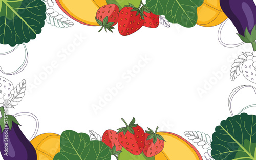 Illustration of strawberries mangoes eggplants and leaves forming a border around white space
