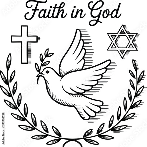 Illustration of faith in god with symbols of christianity judaism and a dove with olive branch