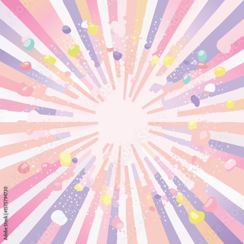 Abstract background with a burst of candy sprinkles, jellybeans, and marshmallow shapes in pastel pink and lilac tones