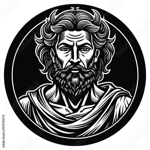 A striking silhouette illustration of a distinguished man with a flowing beard and curly hair, depicted in a circular frame with a serious expression