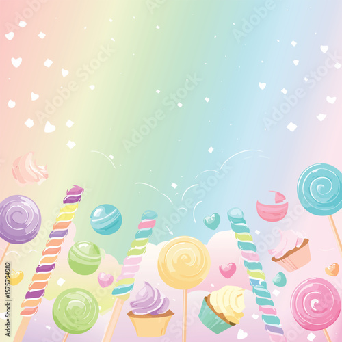 Background filled with pastel lollipops, wrapped candies, and gumdrops floating on a rainbow gradient backdrop