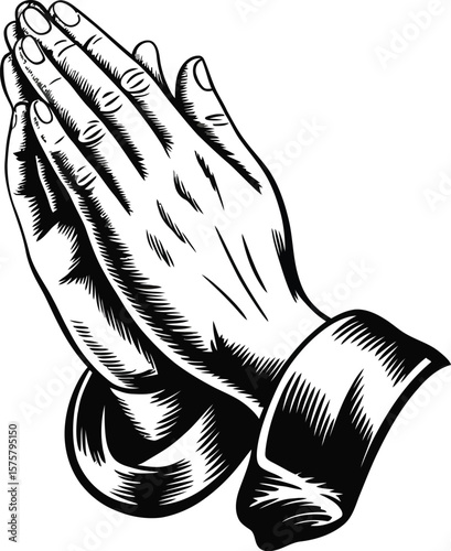 Illustration of praying hands with detailed line work on a white background in monochrome style