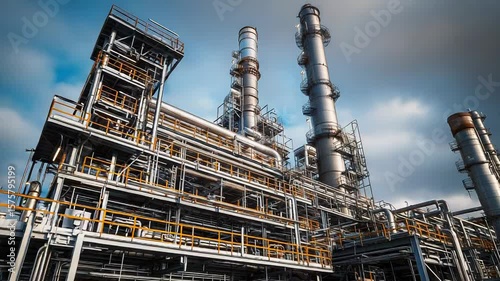 Petrochemical plant refining petroleum products with industrial chimneys and pipes under cloudy sky