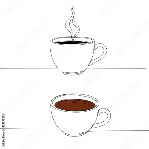 Contemporary line art displaying two steaming coffee cups in a minimal, single-line style perfect for café branding or elegant drink-related designs.