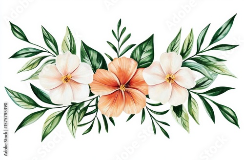 Tropical spring floral design featuring vibrant orange and white flowers.