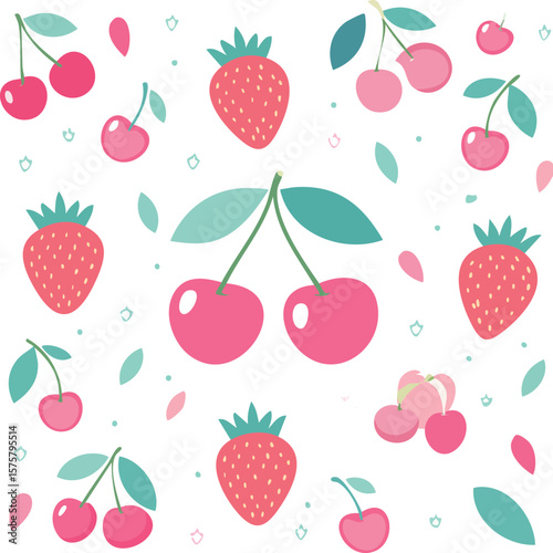 Stylized fruits cherry and strawberry in flat pastel tones arranged in playful