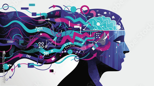 Artistic Rendering of a Human Mind with Data, Charts, and Abstract Shapes Flowing Out