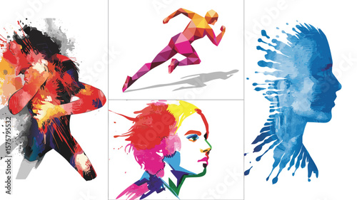 Artistic Renditions of Human Figures Watercolor, Geometric, and Splatter Effects on White Background
