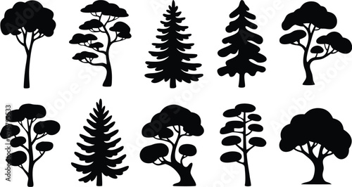 Assorted Black Tree Silhouettes Deciduous, Evergreen, and Shaped Trees on a White Background