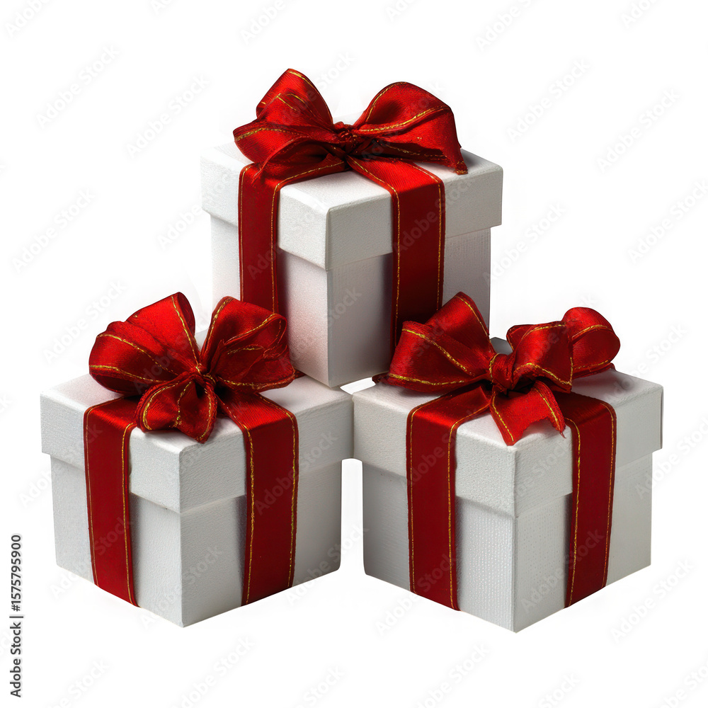 Obraz premium Three white gift boxes with red ribbon and bows isolated on transparent background