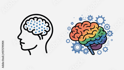 Brain Illustration Head Outline with Dotted Brain and a Rainbow Brain with Gears Around It