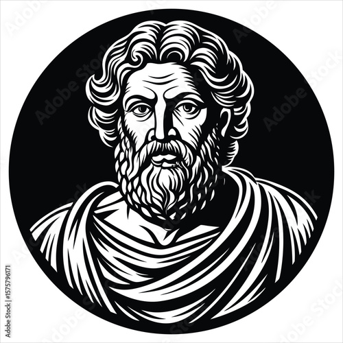 A striking silhouette illustration of a distinguished man with a flowing beard and curly hair, depicted in a circular frame with a serious expression