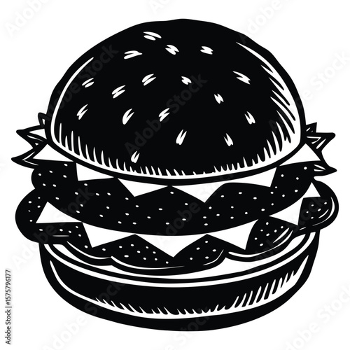 A bold silhouette illustration of a delicious hamburger, featuring layers of bun, patty, cheese, and toppings, presented as a simple graphic icon