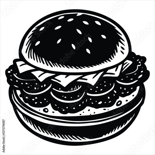 A bold, silhouette illustration of a loaded hamburger with multiple patties and cheese, presented in a stylized, graphic art style