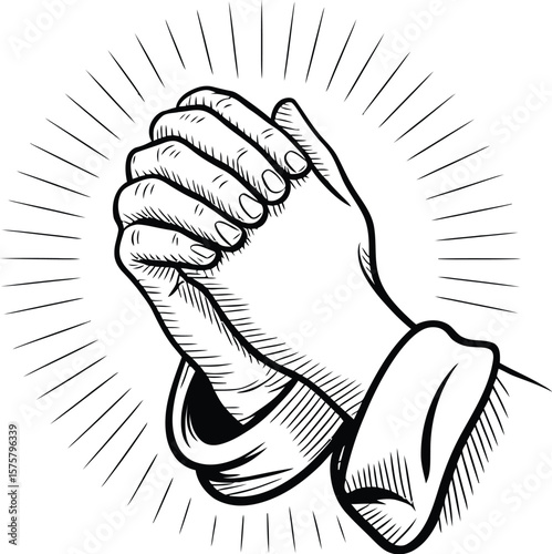 Illustration of praying hands in black and white with radiating lines on a white background art design