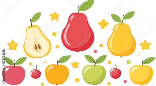 Background with chubby fruit illustrations (pear, mango, cherry) placed in a soft grid layout on a cream pastel backdrop with dots and stars
