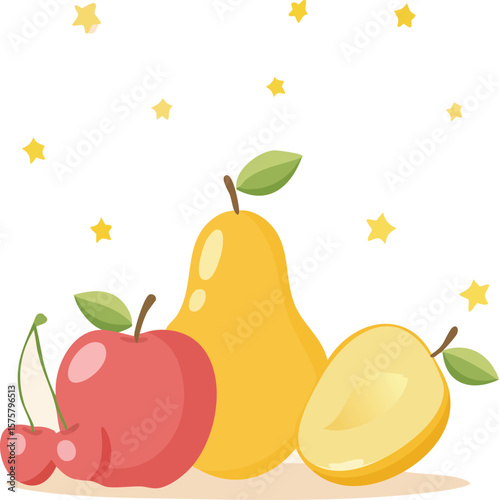 Background with chubby fruit illustrations (pear, apple, cherry) placed in a soft grid layout on a cream pastel backdrop with dots and stars